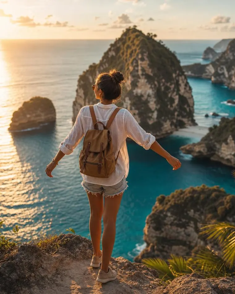 Femme profitant d'un point de vue spectaculaire sur une baie aux eaux turquoise, symbole des avantages de voyage réservés aux conseillers