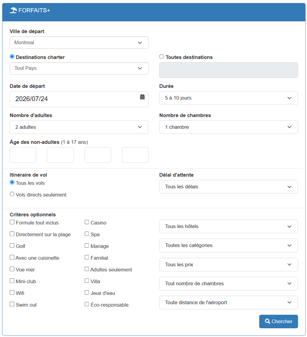 Formulaire de recherche Forfaits+ dans SIREV